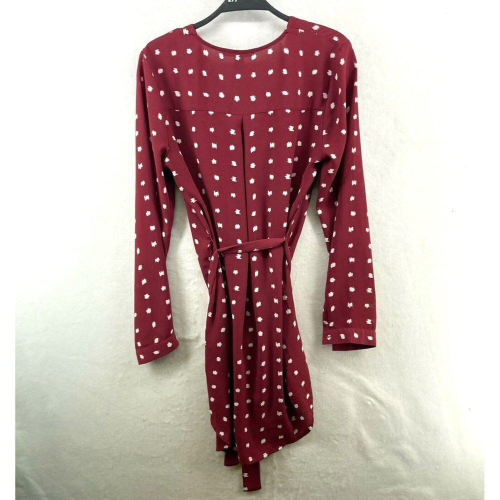 Forever21 Dress Sz M Wine Red Shift White Polka Dot V-Neck Tie Waist Long Sleeve - Picture 2 of 11